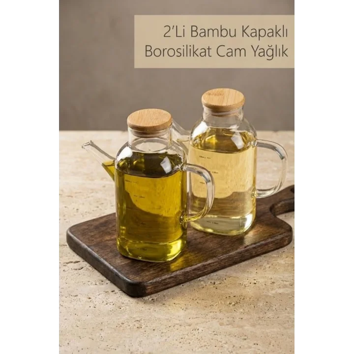 2Li Bambu Kapaklı Borosilikat Cam 600 ML Yağlık Seti