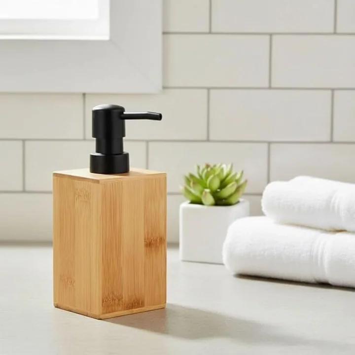 2li Bambu Sıvı Sabunluk Seti - Modern Pompalı Doğal Ahşap Sabun ve Losyon Dispenseri