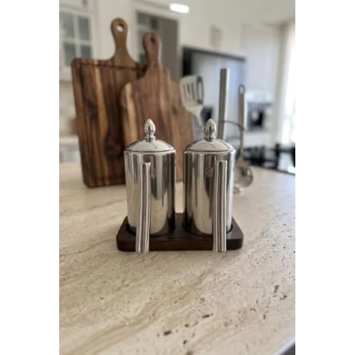 2Li Çelik 3 Parça 500ml Standlı Çok Amaçlı Demlik Yağlık Yağdanlık Seti
