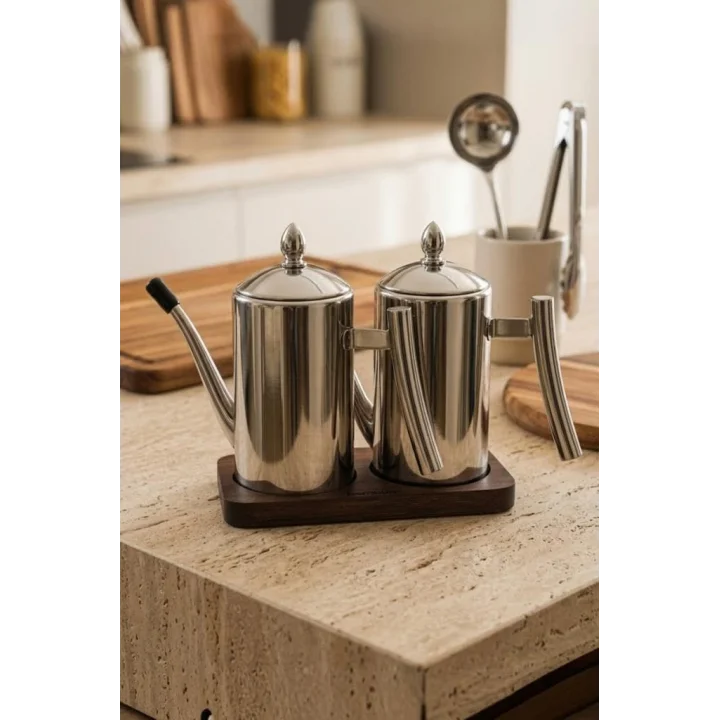 2Li Çelik 3 Parça 500ml Standlı Çok Amaçlı Demlik Yağlık Yağdanlık Seti