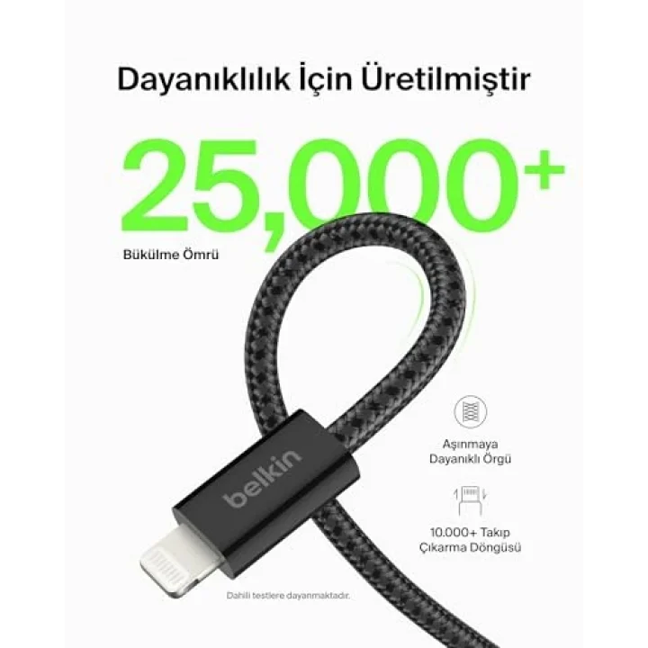 2li Örgülü USB-A - Lightning Kablo, 1,5 m, Yumuşak, Esnek ve Hızlı Şarj Kablosu, iPhone 14 ve Önceki Modeller, 9. Nesil iPad ve AirPods ile Uyumlu, Siyah