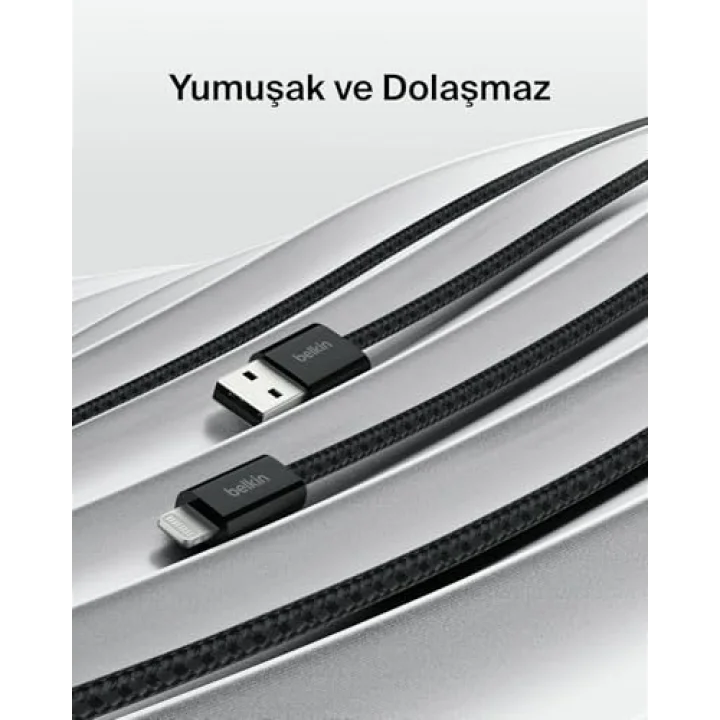 2li Örgülü USB-A - Lightning Kablo, 1,5 m, Yumuşak, Esnek ve Hızlı Şarj Kablosu, iPhone 14 ve Önceki Modeller, 9. Nesil iPad ve AirPods ile Uyumlu, Siyah