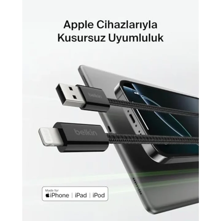 2li Örgülü USB-A - Lightning Kablo, 1,5 m, Yumuşak, Esnek ve Hızlı Şarj Kablosu, iPhone 14 ve Önceki Modeller, 9. Nesil iPad ve AirPods ile Uyumlu, Siyah