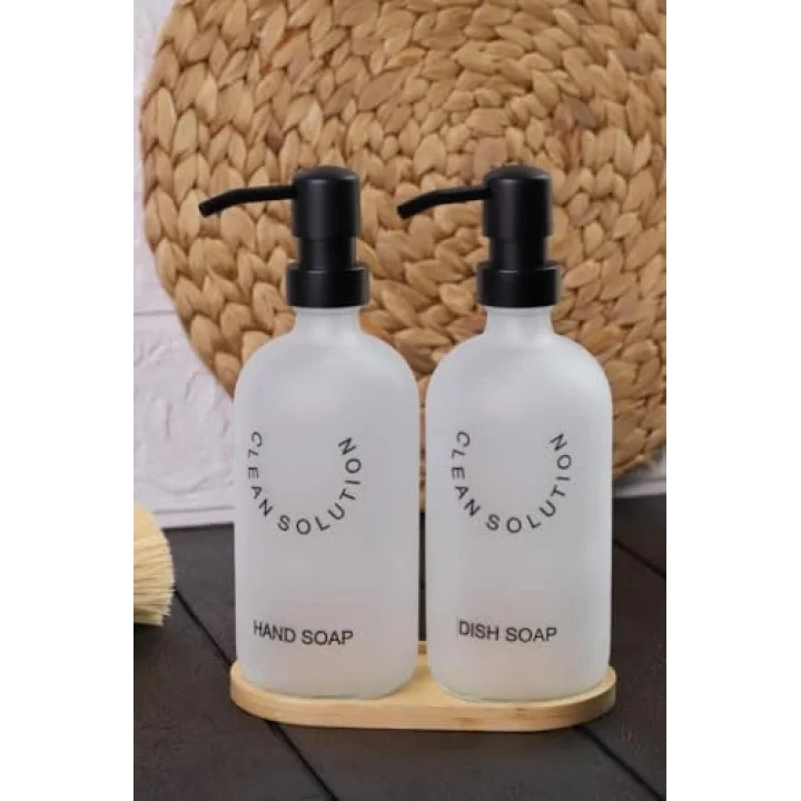 2li Sablaj Cam Beyaz Sıvı Sabunluk Seti Standlı