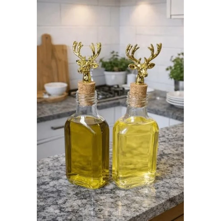 2Li Şeffaf Cam Yassı Yağdanlık - Sızdırmaz Geyik Tıpalı 200Ml. Sirkelik Sosluk