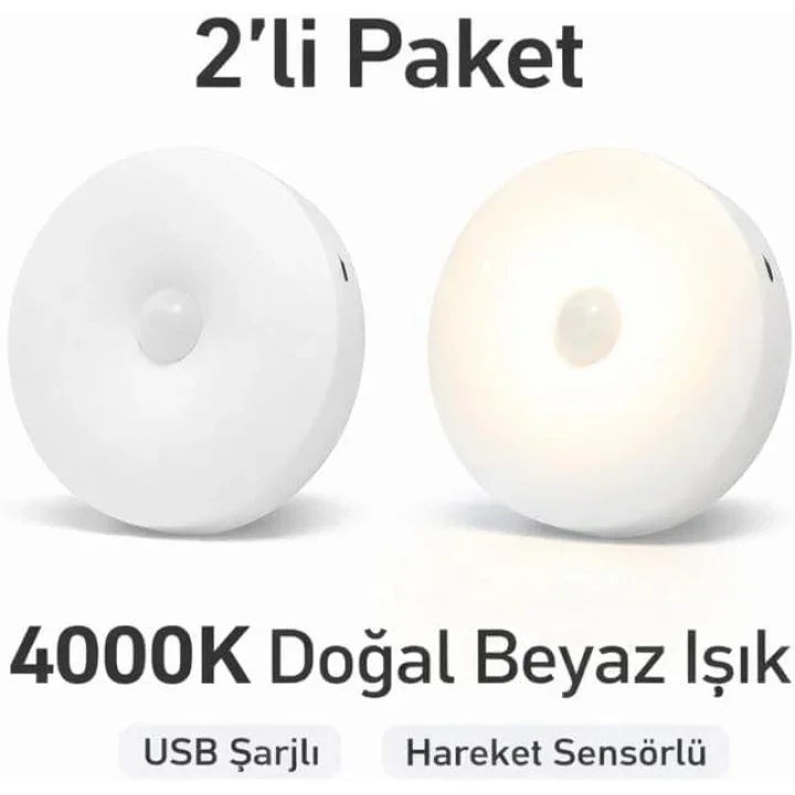 2li Set Kabin Led Hareket Sensörlü Hero LED Kabin Işığı - 4000K Doğal Beyaz, USB Şarjlı, Mıknatıslı Yapışkanlı Montaj – Dolap İçi, Mutfak, Merdiven ve Gardırop İçin Kablosuz Gece Lambası