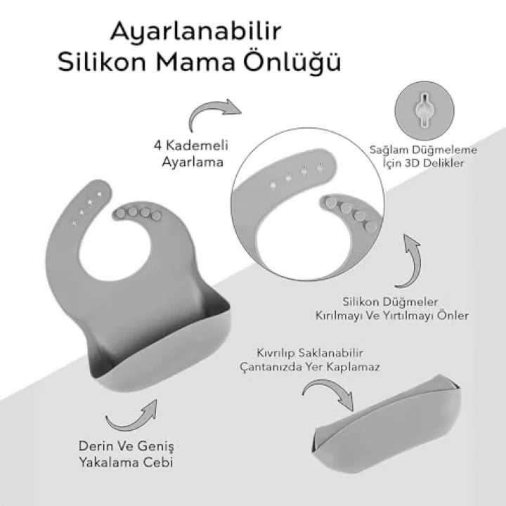 2li Silikon Bebek Beslenme Seti - Vakum Tabanlı Mama Tabağı Ayarlanabilir Mama Önlüğü Antrasit