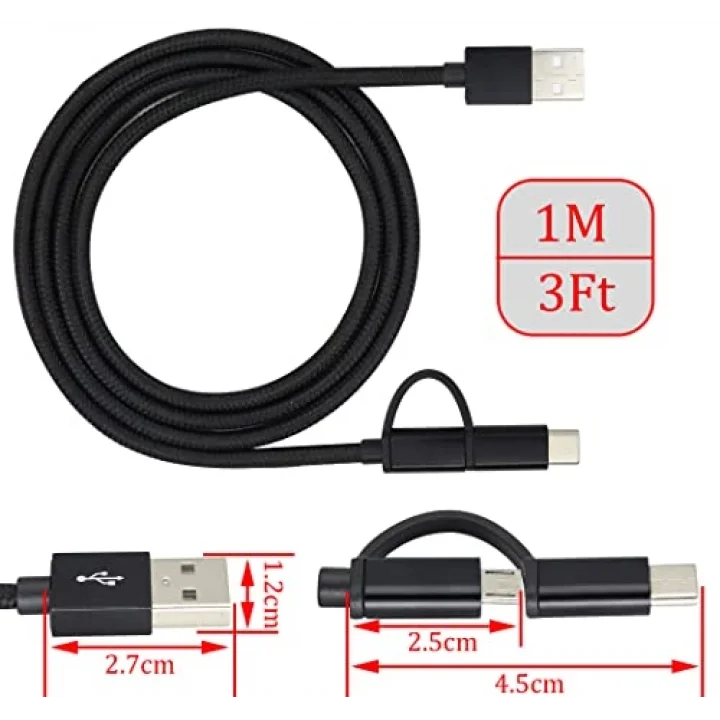 2si 1 Arada Çok Hızlı Şarj Kablosu USB Adan Tip-c Kablosuna USB Adan Mikro USB Kablosuna Naylon Örgülü USB Adan Cye/Tip C/Mikro USB Şarj Cihazı Senkronizasyon Kablosu (Siyah/3.3 ft)