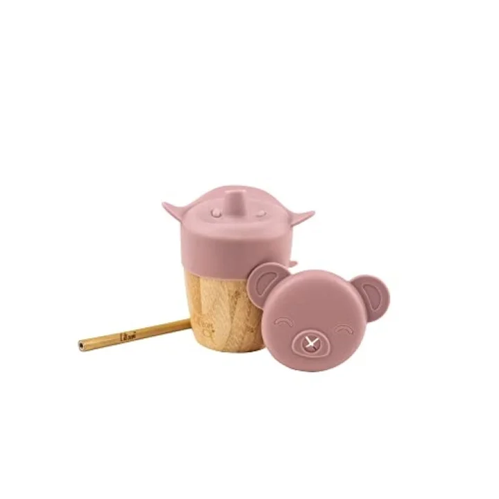 2si 1 Arada Kapaklı ve Pipetli Organik Bambu Alıştırma Bardağı - Pink 1073643