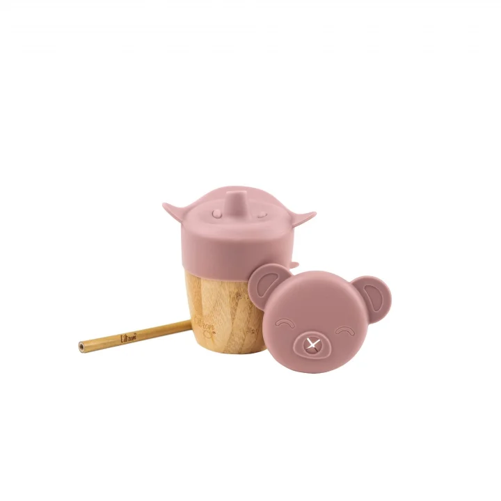 2si 1 Arada Kapaklı ve Pipetli Organik Bambu Alıştırma Bardağı - Pink 1073643
