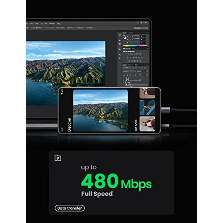 2.0 A USB-A & USB-C Örgülü Şarj ve Data Kablosu, 50 Santimetre, Siyah, 60125
