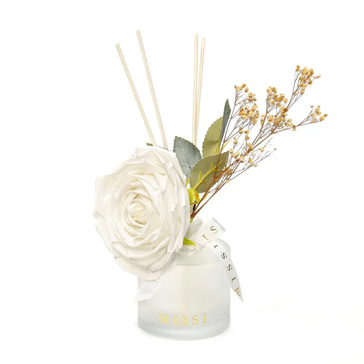 200 ml Buzlu Cam Şişe Beyaz Gül Dekorlu White Jasmine Oda Kokusu