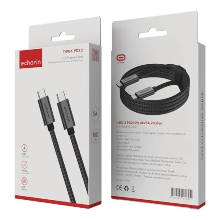 240W, 20 Gbps, 4K 60Hz, USB Cden USB Cye, Örgülü Hızlı Şarj, Görüntü ve Veri Aktarım Kablosu PD 3.2, 5A, iPhone 15, 16, 17, M2 MacBook Pro, Air, iPad Pro ve Galaxy S25, S24, S23 ile Uyumlu