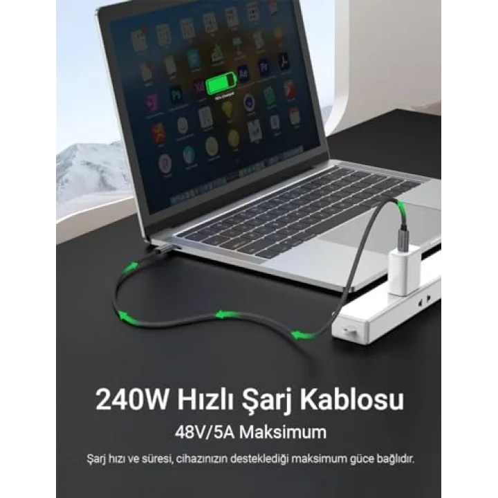 240W, 20 Gbps, 4K 60Hz, USB Cden USB Cye, Örgülü Hızlı Şarj, Görüntü ve Veri Aktarım Kablosu PD 3.2, 5A, iPhone 15, 16, 17, M2 MacBook Pro, Air, iPad Pro ve Galaxy S25, S24, S23 ile Uyumlu