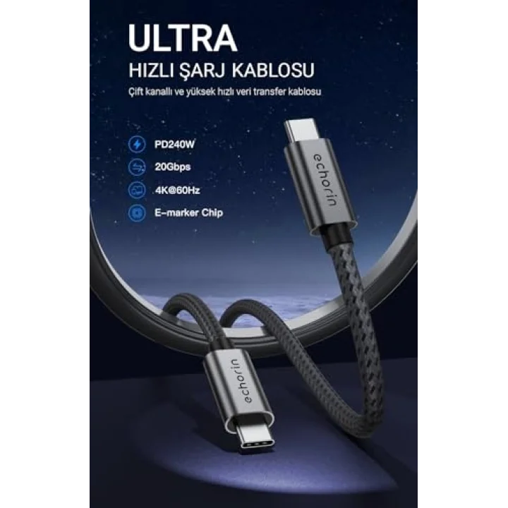 240W, 20 Gbps, 4K 60Hz, USB Cden USB Cye, Örgülü Hızlı Şarj, Görüntü ve Veri Aktarım Kablosu PD 3.2, 5A, iPhone 15, 16, 17, M2 MacBook Pro, Air, iPad Pro ve Galaxy S25, S24, S23 ile Uyumlu
