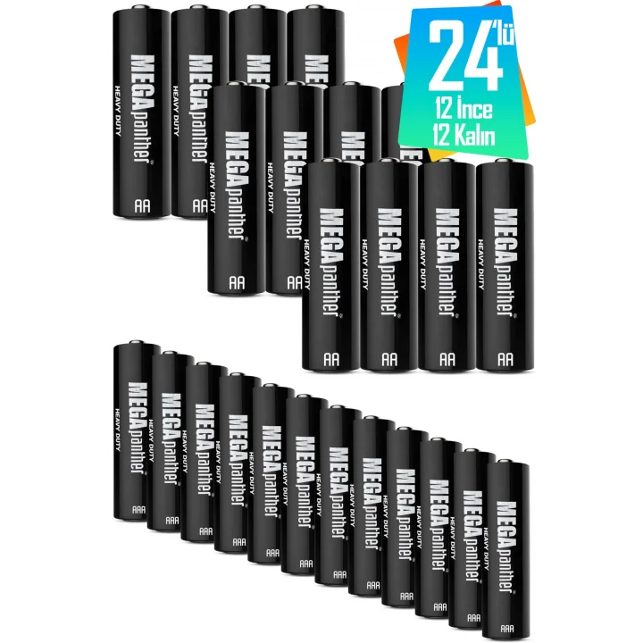 24lü Set (12 AA + 12 AAA) İnce ve Kalın Kalem Pil Kumanda Pili Saat Pili Zn-C 1.5V