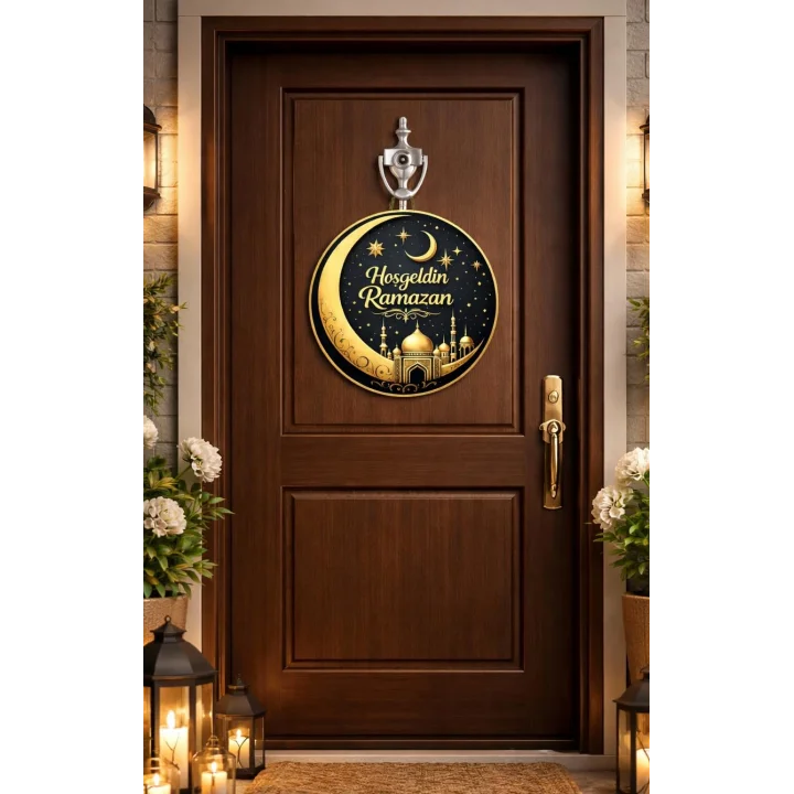 25-25 cm Hoş geldin Ramazan Dekorlu Ahşap Kapı Süsü, Ramazan Süsleri, Ramazan Tavan Süsü, Ahşap