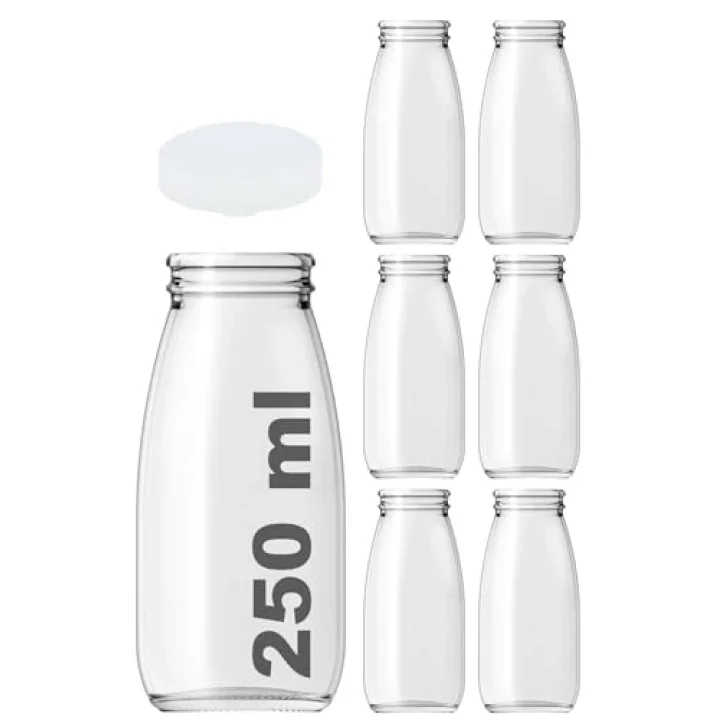 250 ml Şeffaf Süt, Ayran, Limonata, Meşrubat Şişesi 250 Cc Plastik Kapaklı Boş Cam Şişe 6 Adet