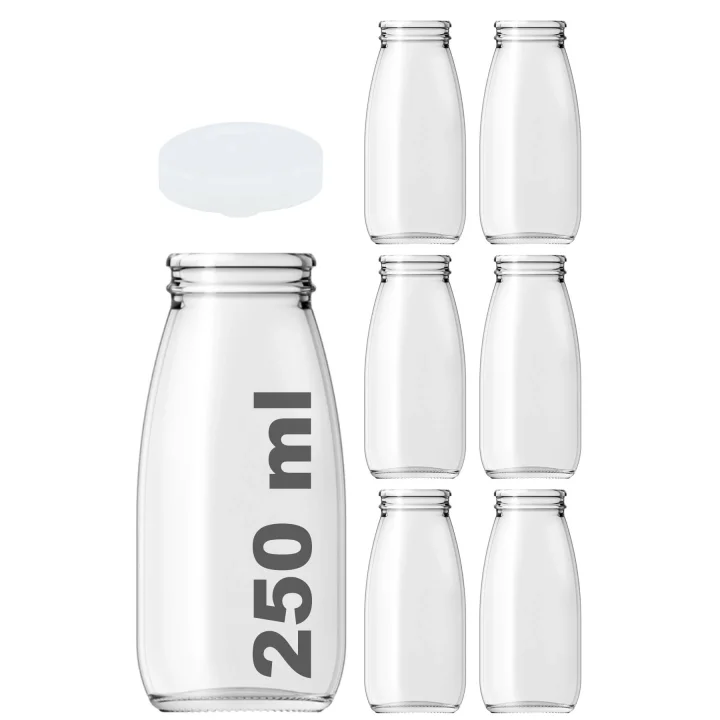250 ml Şeffaf Süt, Ayran, Limonata, Meşrubat Şişesi 250 Cc Plastik Kapaklı Boş Cam Şişe 6 Adet