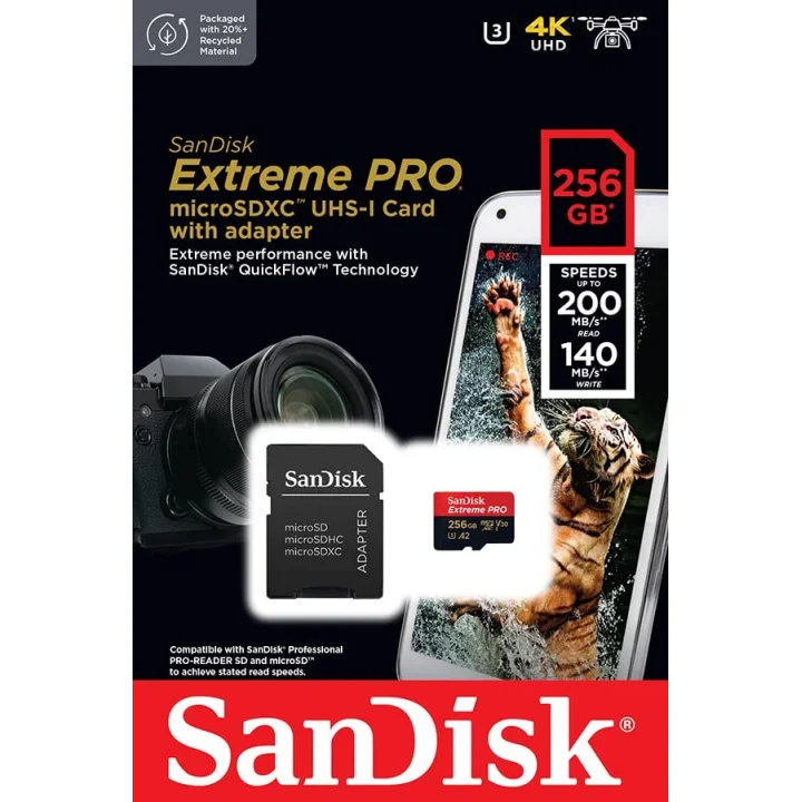 256 GB Extreme PRO microSDXC kartı + SD adaptörü + RescuePRO Deluxe, 200 MB/snye kadar, A2 App Performance, UHS-I, Class 10, U3, V30