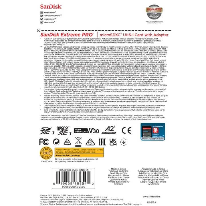 256 GB Extreme PRO microSDXC kartı + SD adaptörü + RescuePRO Deluxe, 200 MB/snye kadar, A2 App Performance, UHS-I, Class 10, U3, V30
