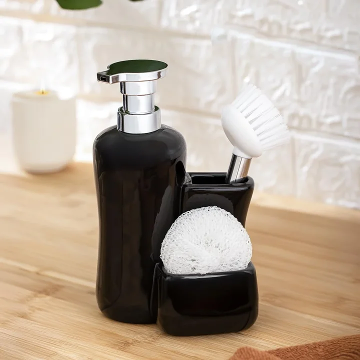 268669 Tezgah Üstü Siyah Sıvı Sabunluk Fırçalı Süngerlikli Sabunluk (550ml) 20cm