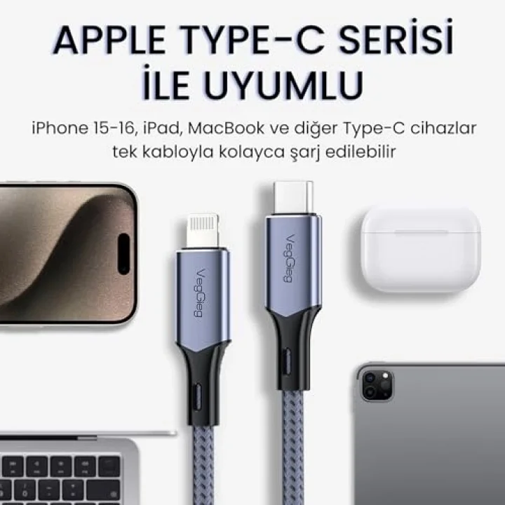 27W 3A USB Type-C to Lightning iPhone iPad Hızlı Şarj ve Data Kablosu 1.2 Metre