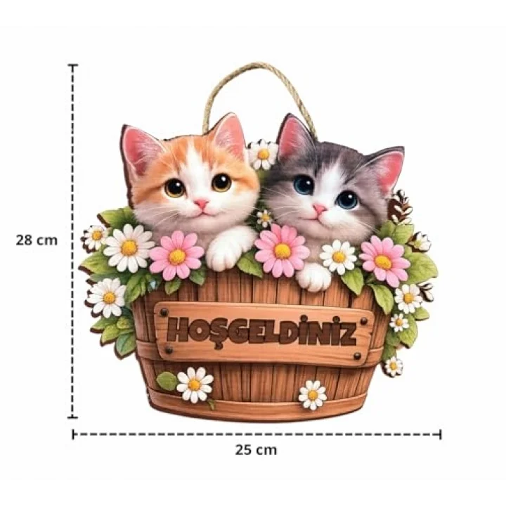 28-25 cm Hoş geldin Kedi Çiçek Dekorlu Ahşap Kapı Süsü, Kapı Bahçe Önü Süsü