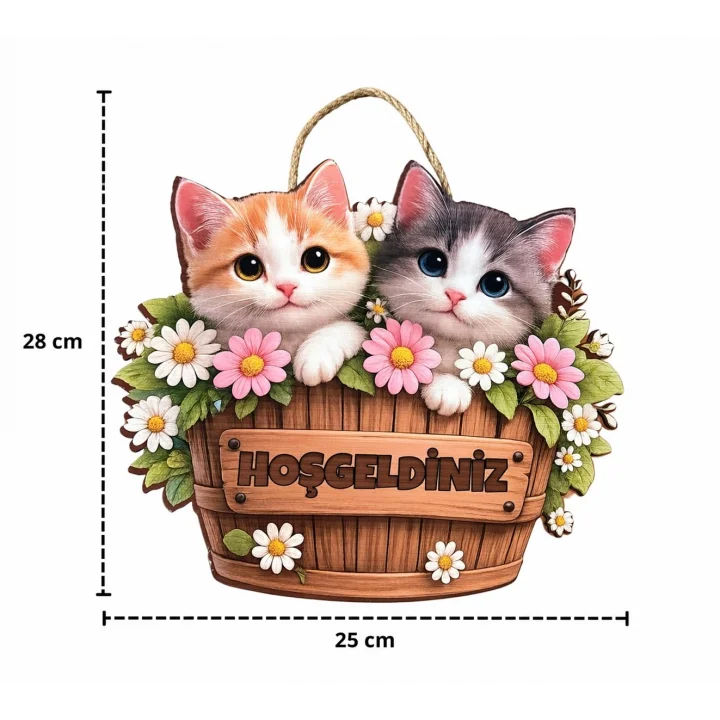 28-25 cm Hoş geldin Kedi Çiçek Dekorlu Ahşap Kapı Süsü, Kapı Bahçe Önü Süsü