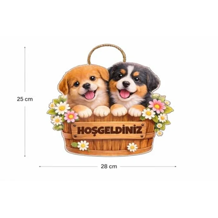 28-25 cm Hoş geldin Köpek Çiçek Dekorlu Ahşap Kapı Süsü, Kapı Bahçe Önü Süsü Yeni