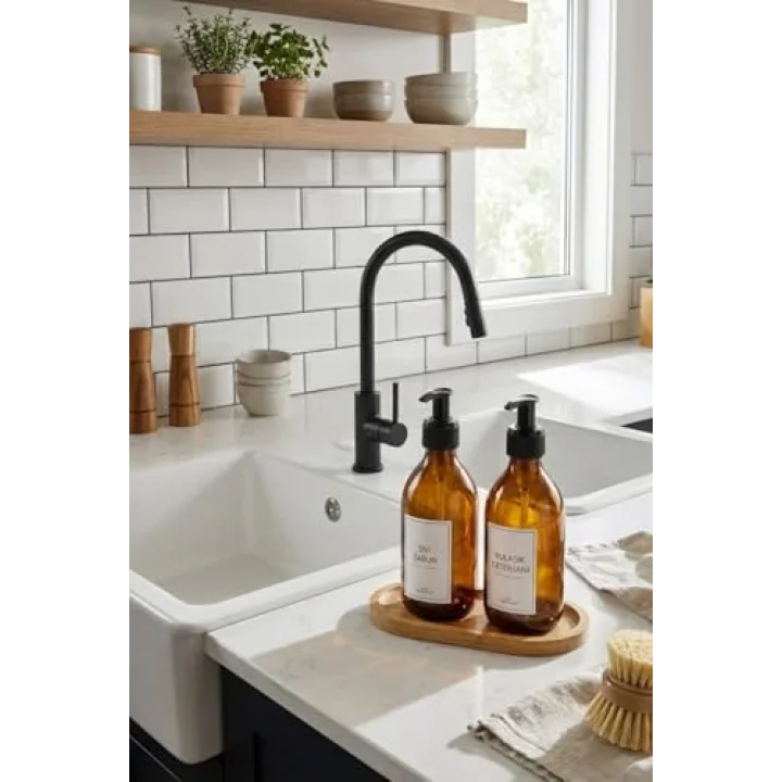 2’li Cam Sabunluk Seti – Bambu Altlıklı Şık Standlı Sıvı Sabunluk | Mutfak ve Banyo İçin Modern Cam Dispenser