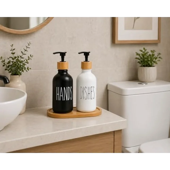 2’li Hands & Dishes Siyah Beyaz Cam Sabunluk Seti – Modern Minimalist Tasarım, 500 ml Kapasiteli, Bambu Standlı Dekoratif Mutfak & Banyo Sıvı Sabunluk Dispenser Seti