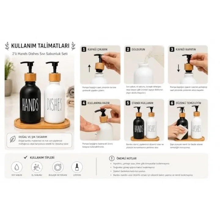 2’li Hands & Dishes Siyah Beyaz Cam Sabunluk Seti – Modern Minimalist Tasarım, 500 ml Kapasiteli, Bambu Standlı Dekoratif Mutfak & Banyo Sıvı Sabunluk Dispenser Seti