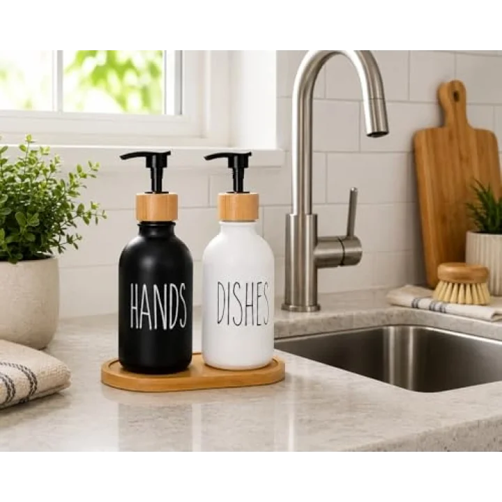 2’li Hands & Dishes Siyah Beyaz Cam Sabunluk Seti – Modern Minimalist Tasarım, 500 ml Kapasiteli, Bambu Standlı Dekoratif Mutfak & Banyo Sıvı Sabunluk Dispenser Seti