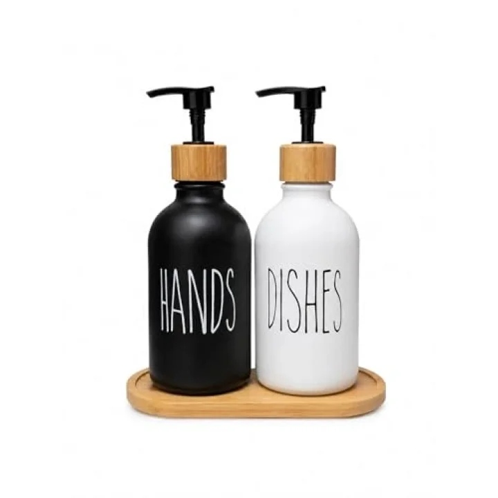 2’li Hands & Dishes Siyah Beyaz Cam Sabunluk Seti – Modern Minimalist Tasarım, 500 ml Kapasiteli, Bambu Standlı Dekoratif Mutfak & Banyo Sıvı Sabunluk Dispenser Seti