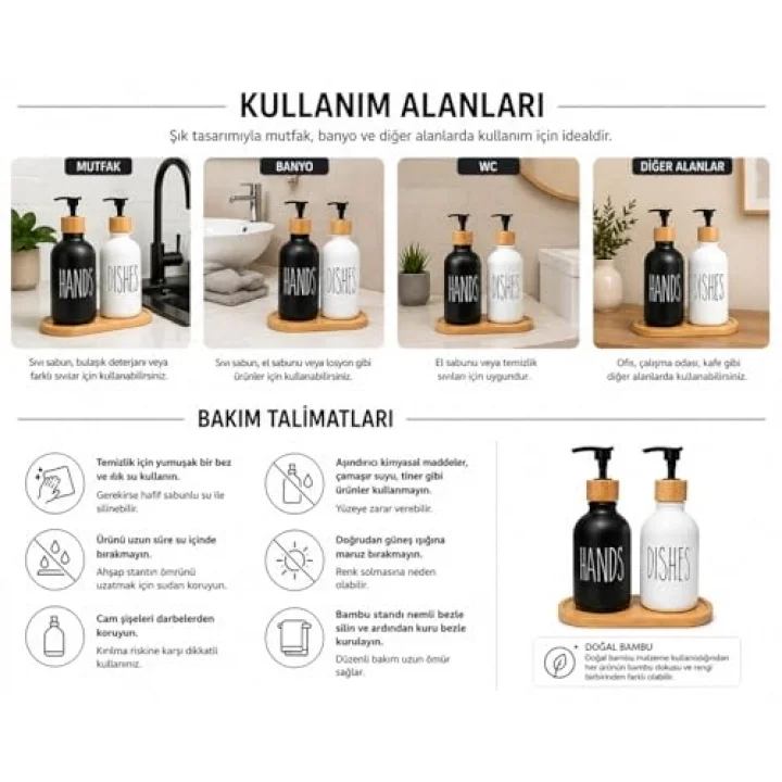2’li Hands & Dishes Siyah Beyaz Cam Sabunluk Seti – Modern Minimalist Tasarım, 500 ml Kapasiteli, Bambu Standlı Dekoratif Mutfak & Banyo Sıvı Sabunluk Dispenser Seti