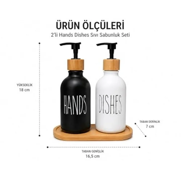 2’li Hands & Dishes Siyah Beyaz Cam Sabunluk Seti – Modern Minimalist Tasarım, 500 ml Kapasiteli, Bambu Standlı Dekoratif Mutfak & Banyo Sıvı Sabunluk Dispenser Seti