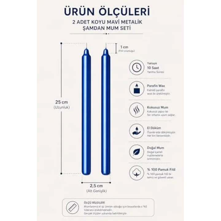 2’li Koyu Mavi Metalik Şamdan Mum Seti 25 cm – Dekoratif İnce Şamdan Mum, Kokusuz Parafin Wax,%100 Pamuk Fitil, El Döküm, Uzun Süre Yanma (~10 Saat), Şık Sofra, Davet, Nişan, Düğün