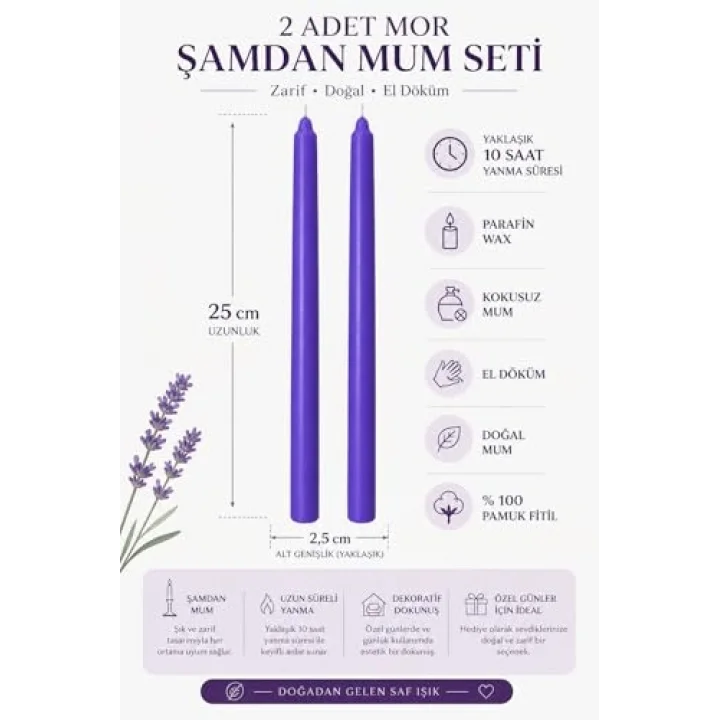 2’li Mor Şamdan Mum Seti 25 cm – Dekoratif İnce Şamdan Mum, Kokusuz Parafin Wax,%100 Pamuk Fitil, El Döküm, Uzun Süre Yanma (~10 Saat), Şık Sofra, Davet, Nişan, Düğün ve Ev Dekorasyonu İçin Zarif