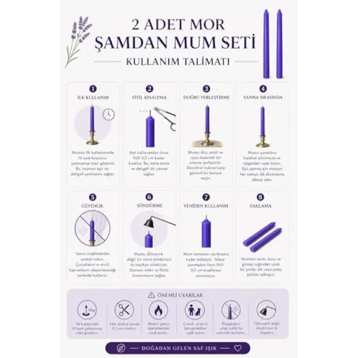2’li Mor Şamdan Mum Seti 25 cm – Dekoratif İnce Şamdan Mum, Kokusuz Parafin Wax,%100 Pamuk Fitil, El Döküm, Uzun Süre Yanma (~10 Saat), Şık Sofra, Davet, Nişan, Düğün ve Ev Dekorasyonu İçin Zarif