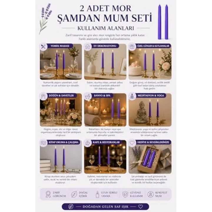 2’li Mor Şamdan Mum Seti 25 cm – Dekoratif İnce Şamdan Mum, Kokusuz Parafin Wax,%100 Pamuk Fitil, El Döküm, Uzun Süre Yanma (~10 Saat), Şık Sofra, Davet, Nişan, Düğün ve Ev Dekorasyonu İçin Zarif