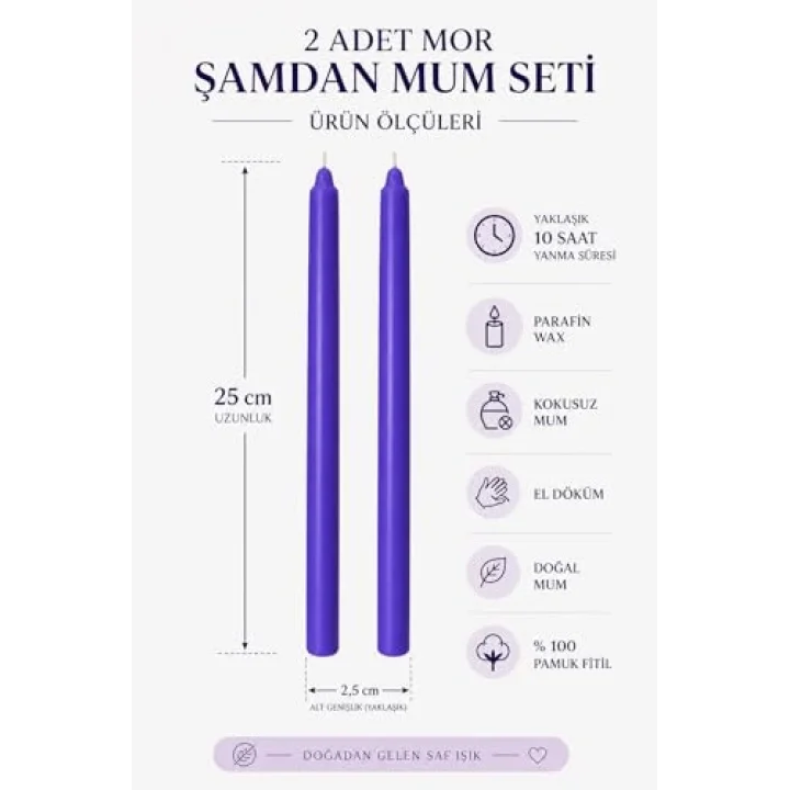 2’li Mor Şamdan Mum Seti 25 cm – Dekoratif İnce Şamdan Mum, Kokusuz Parafin Wax,%100 Pamuk Fitil, El Döküm, Uzun Süre Yanma (~10 Saat), Şık Sofra, Davet, Nişan, Düğün ve Ev Dekorasyonu İçin Zarif