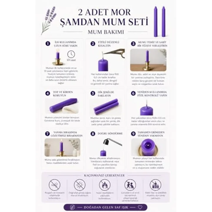 2’li Mor Şamdan Mum Seti 25 cm – Dekoratif İnce Şamdan Mum, Kokusuz Parafin Wax,%100 Pamuk Fitil, El Döküm, Uzun Süre Yanma (~10 Saat), Şık Sofra, Davet, Nişan, Düğün ve Ev Dekorasyonu İçin Zarif