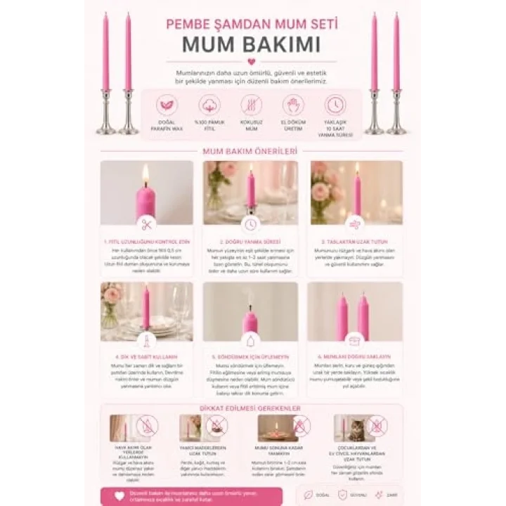 2’li Pembe Şamdan Mum Seti 25 cm – Dekoratif İnce Şamdan Mum, Kokusuz Parafin Wax,%100 Pamuk Fitil, El Döküm, Uzun Süre Yanma (~10 Saat), Şık Sofra, Davet, Nişan, Düğün ve Ev Dekorasyonu İçin Zarif