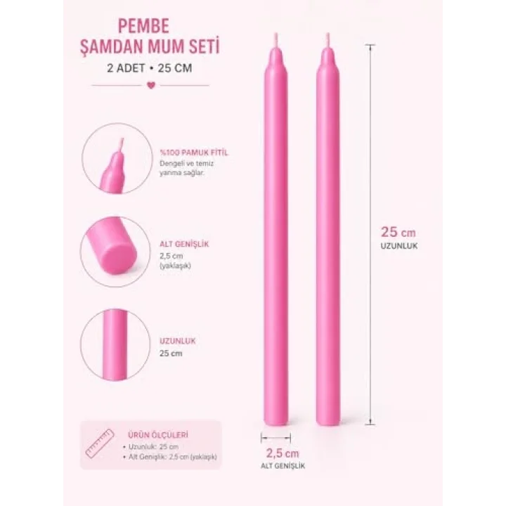 2’li Pembe Şamdan Mum Seti 25 cm – Dekoratif İnce Şamdan Mum, Kokusuz Parafin Wax,%100 Pamuk Fitil, El Döküm, Uzun Süre Yanma (~10 Saat), Şık Sofra, Davet, Nişan, Düğün ve Ev Dekorasyonu İçin Zarif