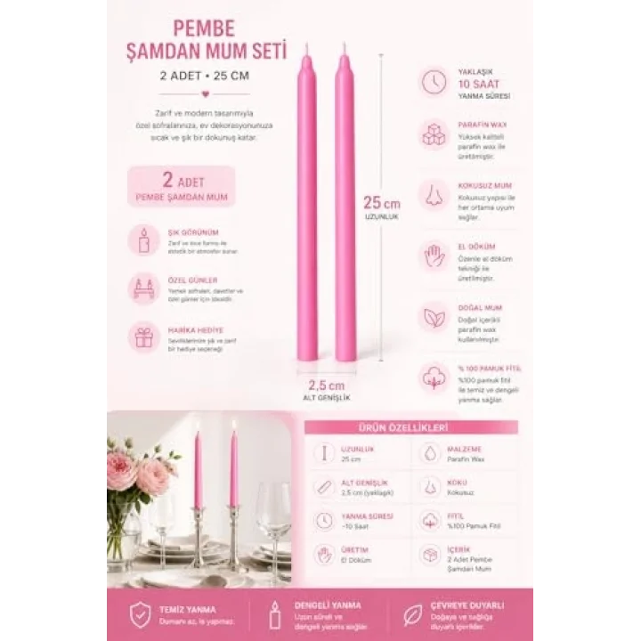 2’li Pembe Şamdan Mum Seti 25 cm – Dekoratif İnce Şamdan Mum, Kokusuz Parafin Wax,%100 Pamuk Fitil, El Döküm, Uzun Süre Yanma (~10 Saat), Şık Sofra, Davet, Nişan, Düğün ve Ev Dekorasyonu İçin Zarif