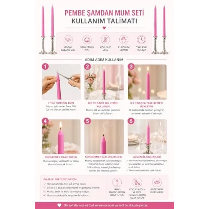 2’li Pembe Şamdan Mum Seti 25 cm – Dekoratif İnce Şamdan Mum, Kokusuz Parafin Wax,%100 Pamuk Fitil, El Döküm, Uzun Süre Yanma (~10 Saat), Şık Sofra, Davet, Nişan, Düğün ve Ev Dekorasyonu İçin Zarif