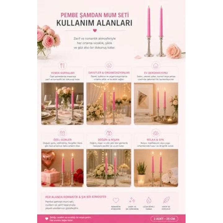 2’li Pembe Şamdan Mum Seti 25 cm – Dekoratif İnce Şamdan Mum, Kokusuz Parafin Wax,%100 Pamuk Fitil, El Döküm, Uzun Süre Yanma (~10 Saat), Şık Sofra, Davet, Nişan, Düğün ve Ev Dekorasyonu İçin Zarif