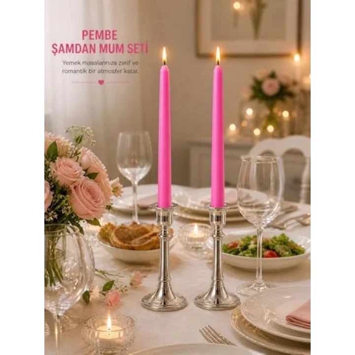 2’li Pembe Şamdan Mum Seti 25 cm – Dekoratif İnce Şamdan Mum, Kokusuz Parafin Wax,%100 Pamuk Fitil, El Döküm, Uzun Süre Yanma (~10 Saat), Şık Sofra, Davet, Nişan, Düğün ve Ev Dekorasyonu İçin Zarif