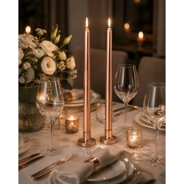 2’li Rose Bakır Metalik Şamdan Mum Seti 25 cm – Dekoratif İnce Şamdan Mum, Kokusuz Parafin Wax,%100 Pamuk Fitil, El Döküm, Uzun Süre Yanma (~10 Saat), Şık Sofra, Davet, Nişan, Düğün